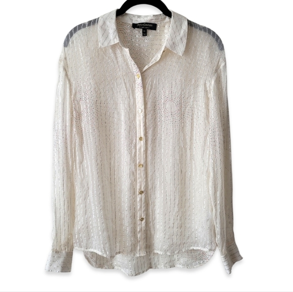 JUICY Couture Silk Button Down Shirt Sheer w Metallic Fiber Pinstripes XS - Picture 13 of 13